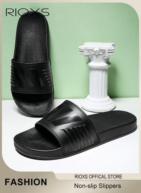 Flat Slipper for Men and Women, Anti-slip Quick-Drying Shower Slippers, Open-toed Slide Shoes, Unisex Bath Slippers, Lightweight Comfort Slip Ons Slipper, House Slippers Slides for Bathroom/ Pool/ Beach/ Indoor/ Outdoor, Daily Wearing Slippers, Black Slides